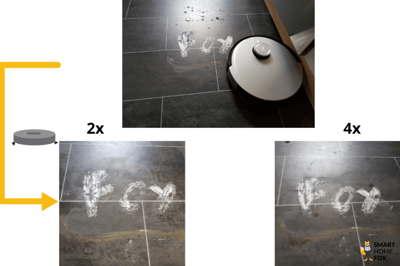 Das Extrem-Wischtest-Ergebnis des ECOVACS DEEBOT X1 OMNI auf einem PVC-Boden ist zu sehen.